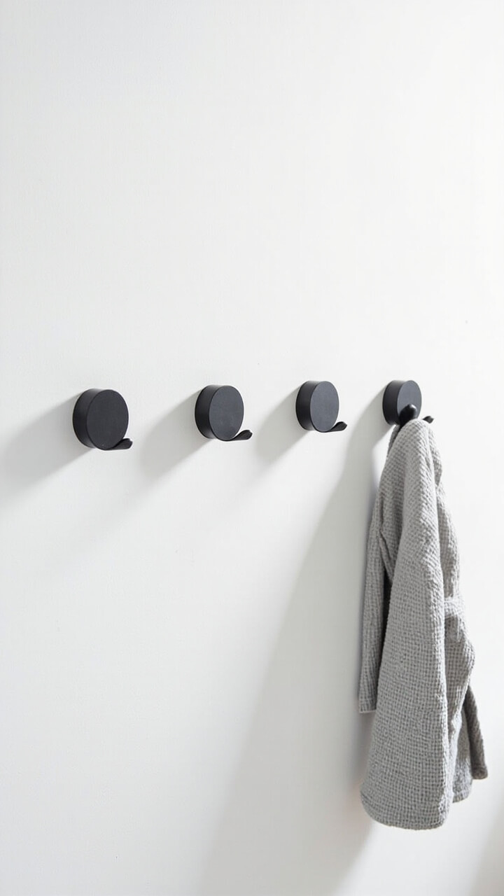 A white wall with four evenly spaced matte black circular wall hooks running horizontally. A single gray waffle robe hangs from one hook. The space is otherwise clear.