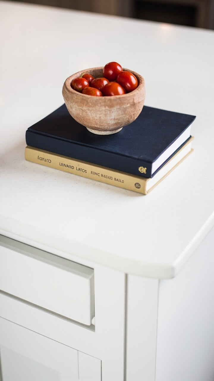 Two hardback cookbooks (one navy, one beige) are stacked neatly on a white solid-surface island. A small, unglazed clay bowl sits on top, filled with bright red cherry tomatoes.