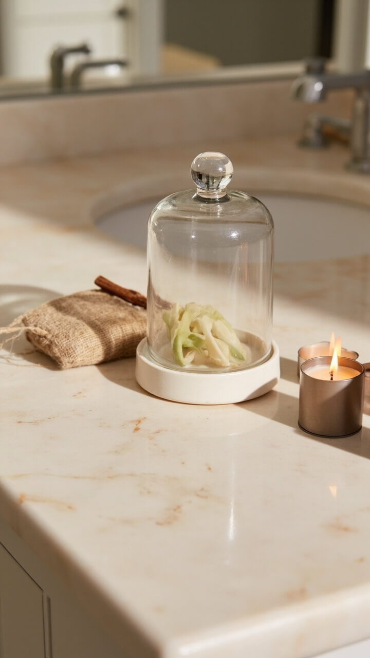 A clear glass match cloche sits on a small ceramic dish. A cinnamon sachet rests beside the cloche on the dish. A short taupe tea light in a metal cup sits nearby. The vanity top is light stone.