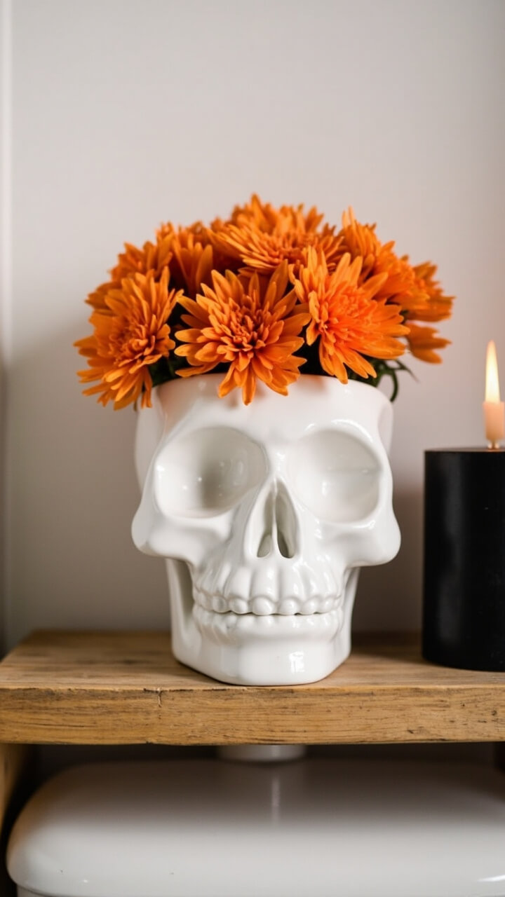 A matte white ceramic skull planter sits on a wooden shelf above the toilet. Inside, a tidy bunch of orange faux mums spill out. Nearby, a single black pillar candle completes the arrangement.