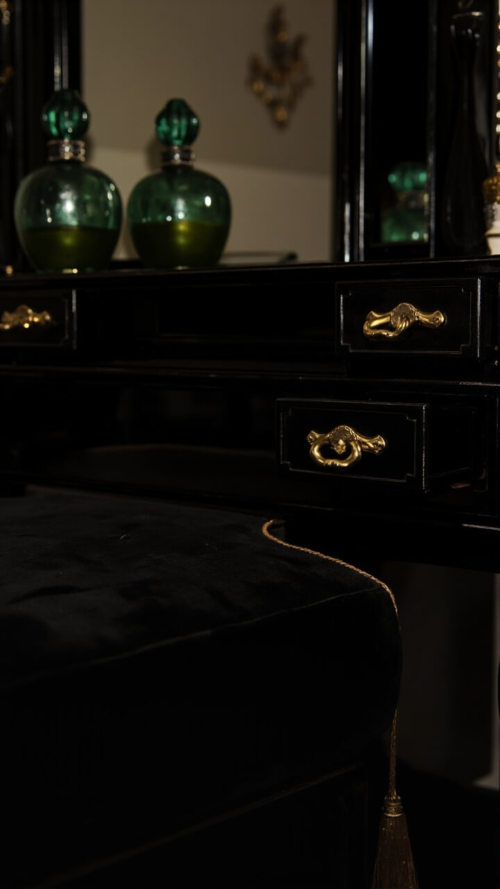 A rich black wood vanity table showcases two built-in drawers with chevron brass inlay fronts. Centered above sits a rectangular brass-trimmed mirror. A green glass perfume bottle and a black velvet tassel ottoman finish the Deco scene.