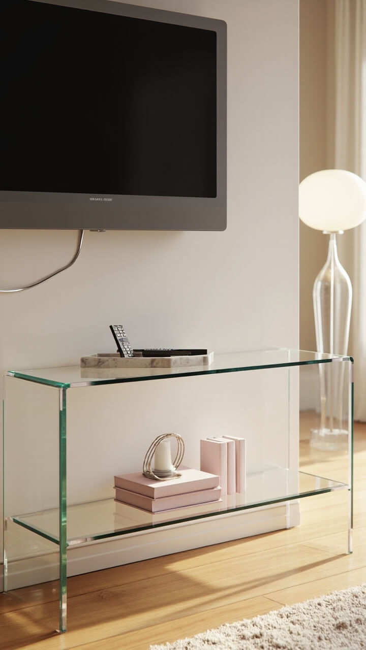 An angled, two-tier clear glass console with slim chrome legs fits neatly into the corner. A 46-inch mounted TV hovers just above, cables artfully concealed. On the shelf, a small sculptural marble tray holds two minimalist remotes, and a trio of blush pink books doubles as décor. Next to the shelf, a frosted glass floor lamp casts a soft glow.