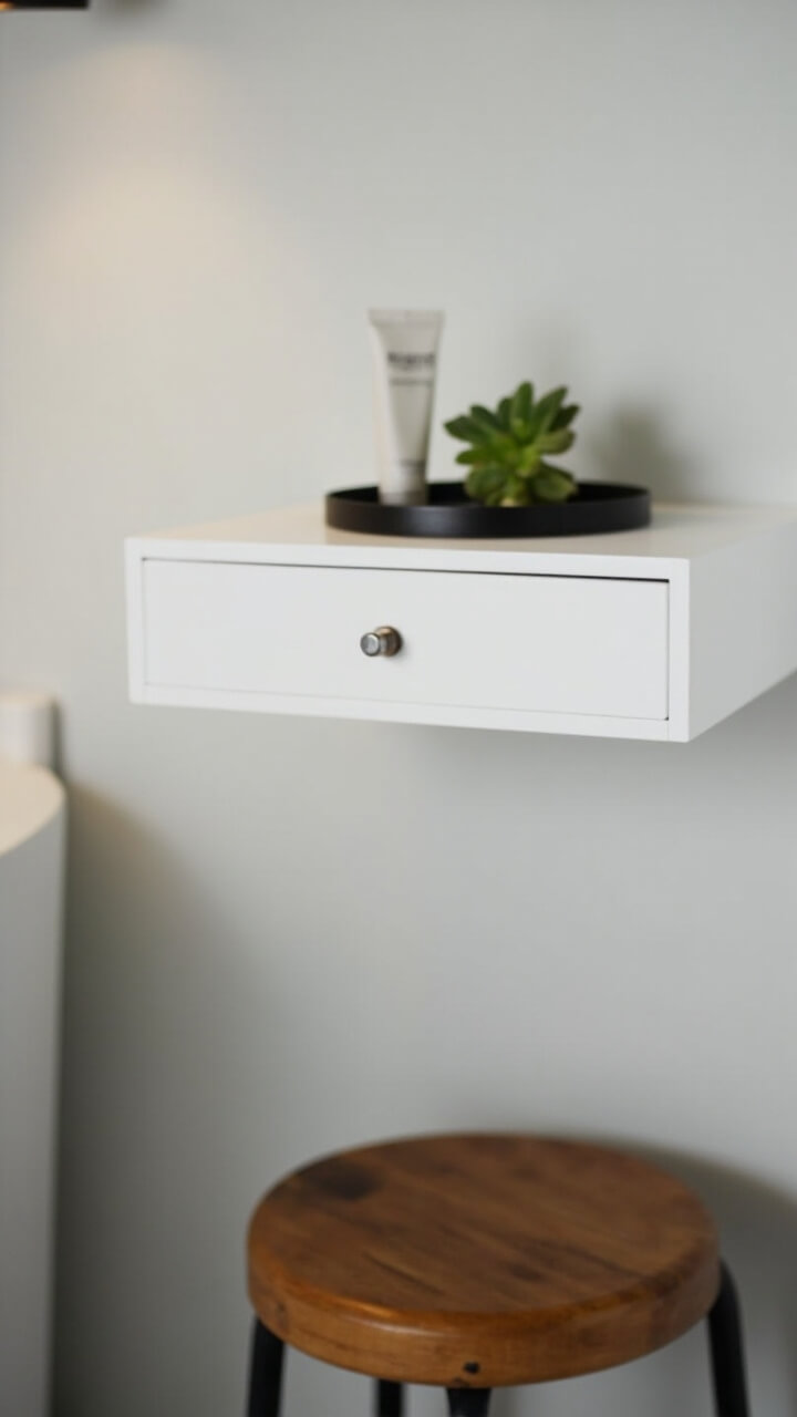 A matte white floating vanity shelf with a single push-open drawer is installed against a pale grey wall. A round black metal tray holds just a hand cream and a tiny succulent. A simple wooden stool with black legs sits underneath.