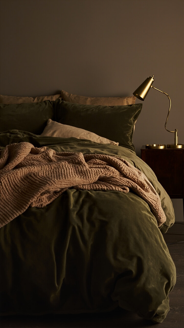 Full bed with an olive green velvet duvet, two sand-colored linen pillowcases, one oversized tan knit throw loosely draped across the corner, and a matte brass desk lamp on the side table.