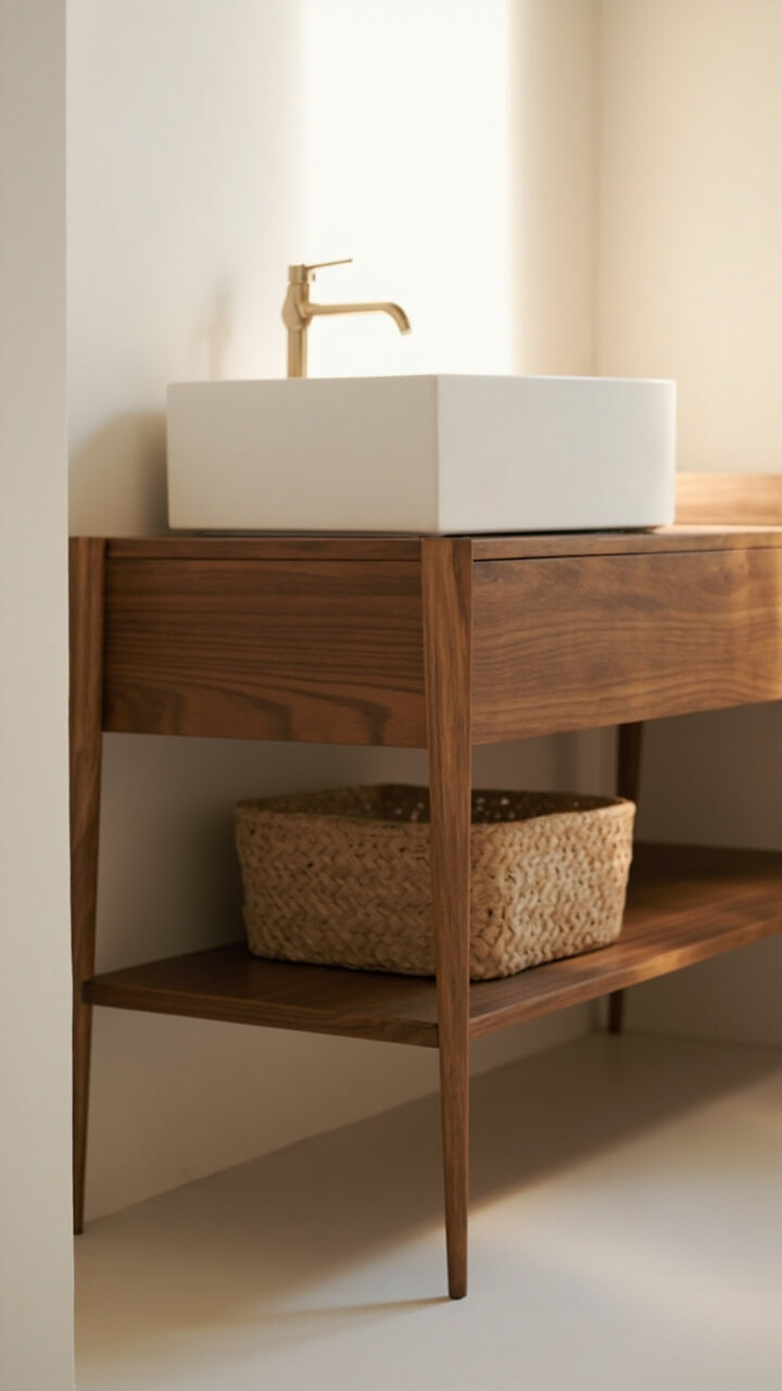 Natural walnut vanity on slim legs with open under-counter space, woven natural fiber storage basket, white rectangular sink, minimal gold faucet, off-white wall.