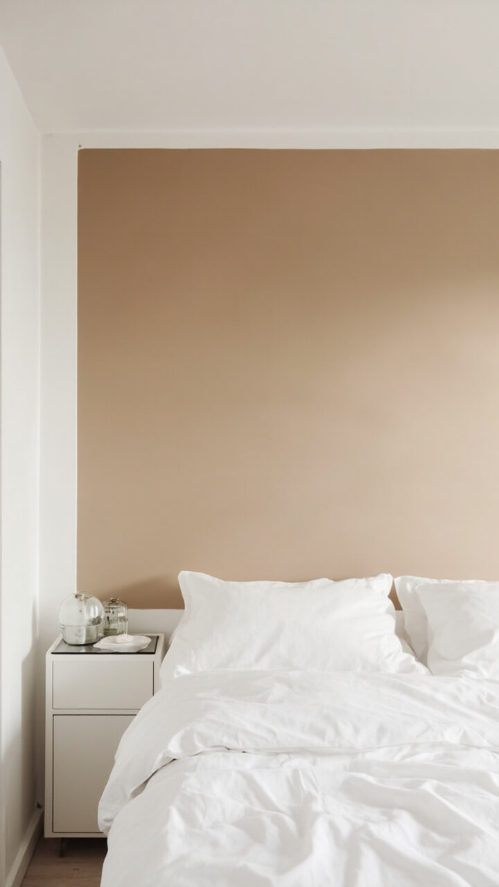 A single wall behind the bed is painted soft mushroom beige. All other walls remain crisp white. The bed and side tables are kept clear to highlight the color.