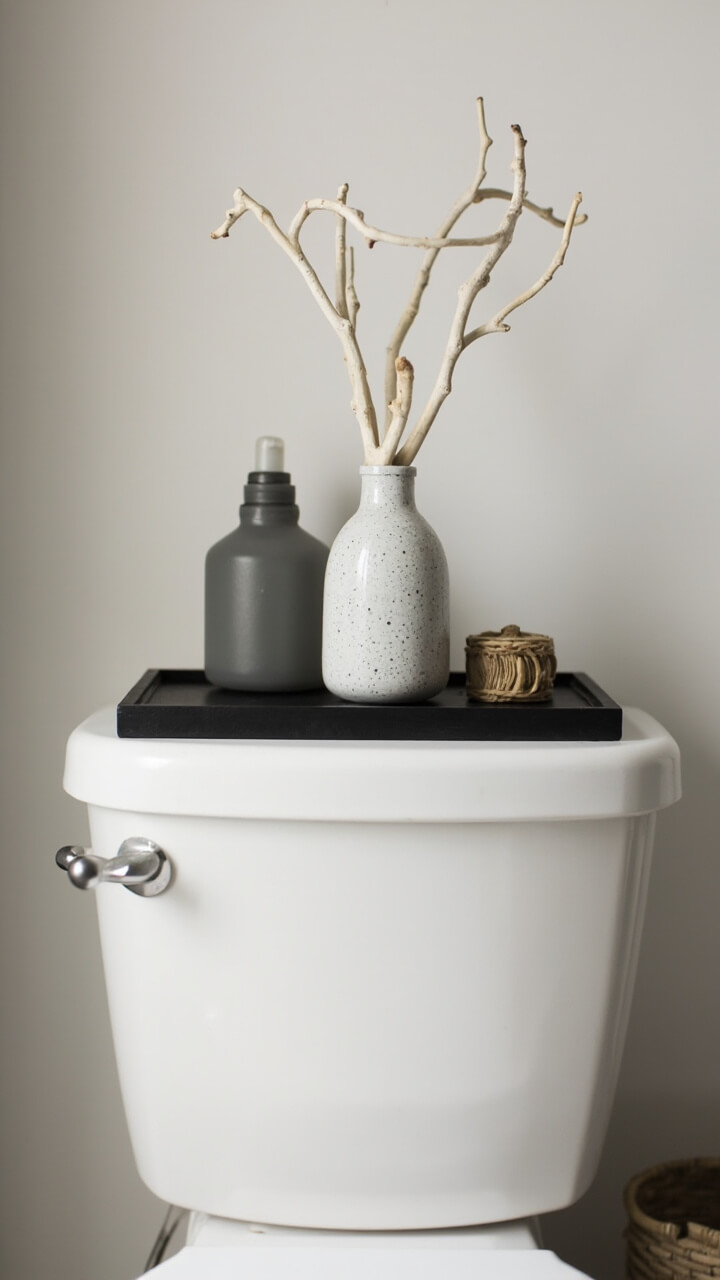 On a white toilet tank a rectangular black slate tray sits centered. A slim speckled stoneware vase holds a single bleached maple branch. A small lidded rattan box rests to the right. A frosted gray glass room spray stands to the left.