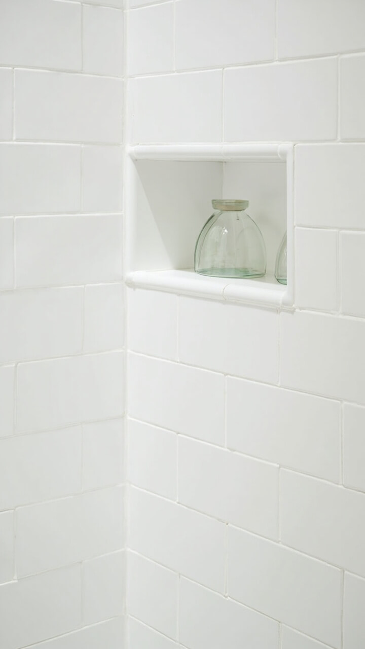 A shower wall covered in white rectangular tiles with a single long, horizontal recess lined in the same tile. Only three clear glass bottles sit inside. The rest of the shower is open and untouched.