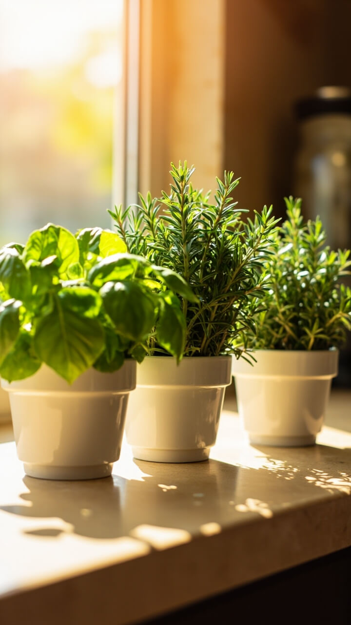 Three small white ceramic pots sit in a row, each with a thriving herb (basil, thyme, rosemary) on a tan concrete island. Sunlight filters in from a window behind them.