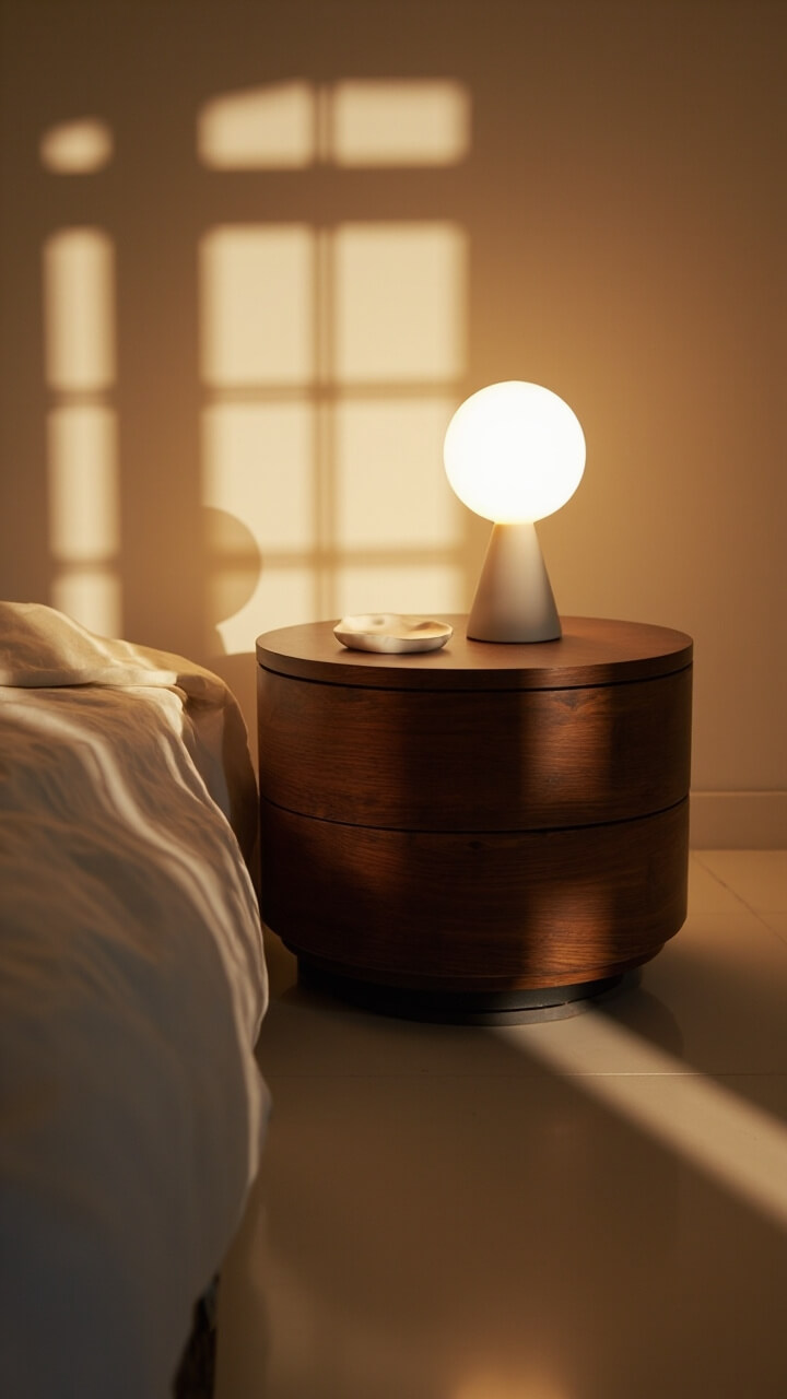 A round, walnut nightstand stands beside the bed. On top sits a small white ceramic dish and a simple white, globe-shaped lamp. The floor around is visible, emphasizing open space.