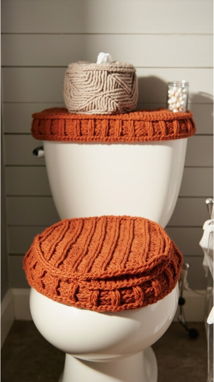 A thick, burnt orange knit cover snugly wraps the toilet lid. A matching knit tissue box cover (in taupe) sits on the tank. The white toilet backs up to shiplap paneling painted pale gray. Clear glass canister with cotton swabs is the only other item nearby.