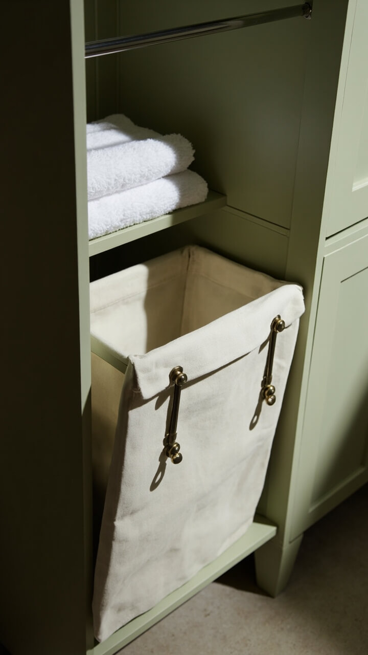 A tall, matte sage-green wardrobe with a lower panel that tilts open, revealing a canvas-lined hamper with brass handles. Above, one deep shelf holds a stack of soft white towels.