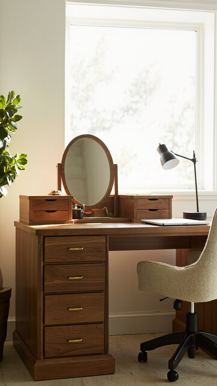 A mid-tone oak vanity desk stretches under a window, with five built-in drawers. The center flips up to reveal a mirror and divided organizer, while a minimalist table lamp and closed laptop anchor the right side. A boucle swivel chair sits at the ready.