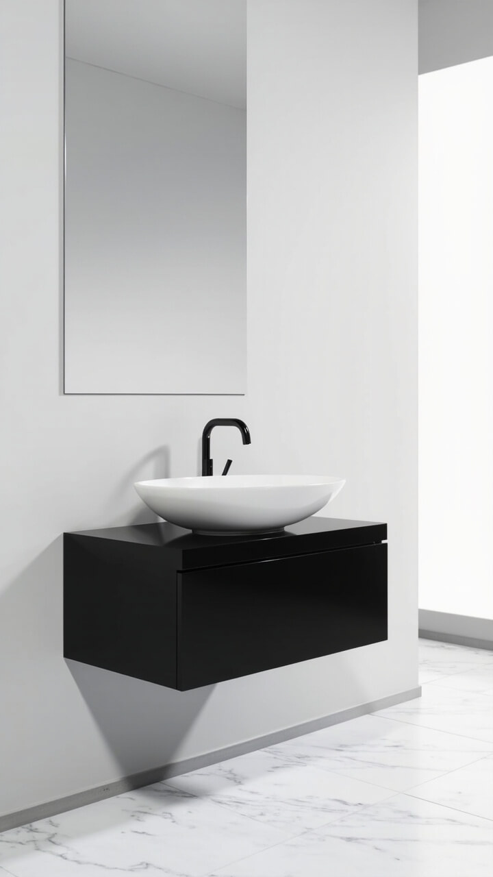 Flat-front matte black vanity against a white wall, slim white vessel sink, wall-mounted black faucet, tall frameless mirror, white marble-look floor tile.