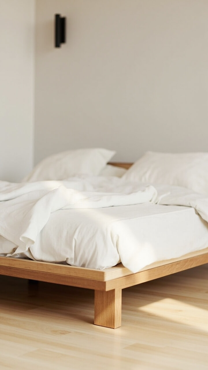 A natural oak low platform bed rests nearly flush with the pale hardwood floor. The bedding is crisp white, with no footboard or extraneous detail. The wall behind is bare, with one slim black sconce.