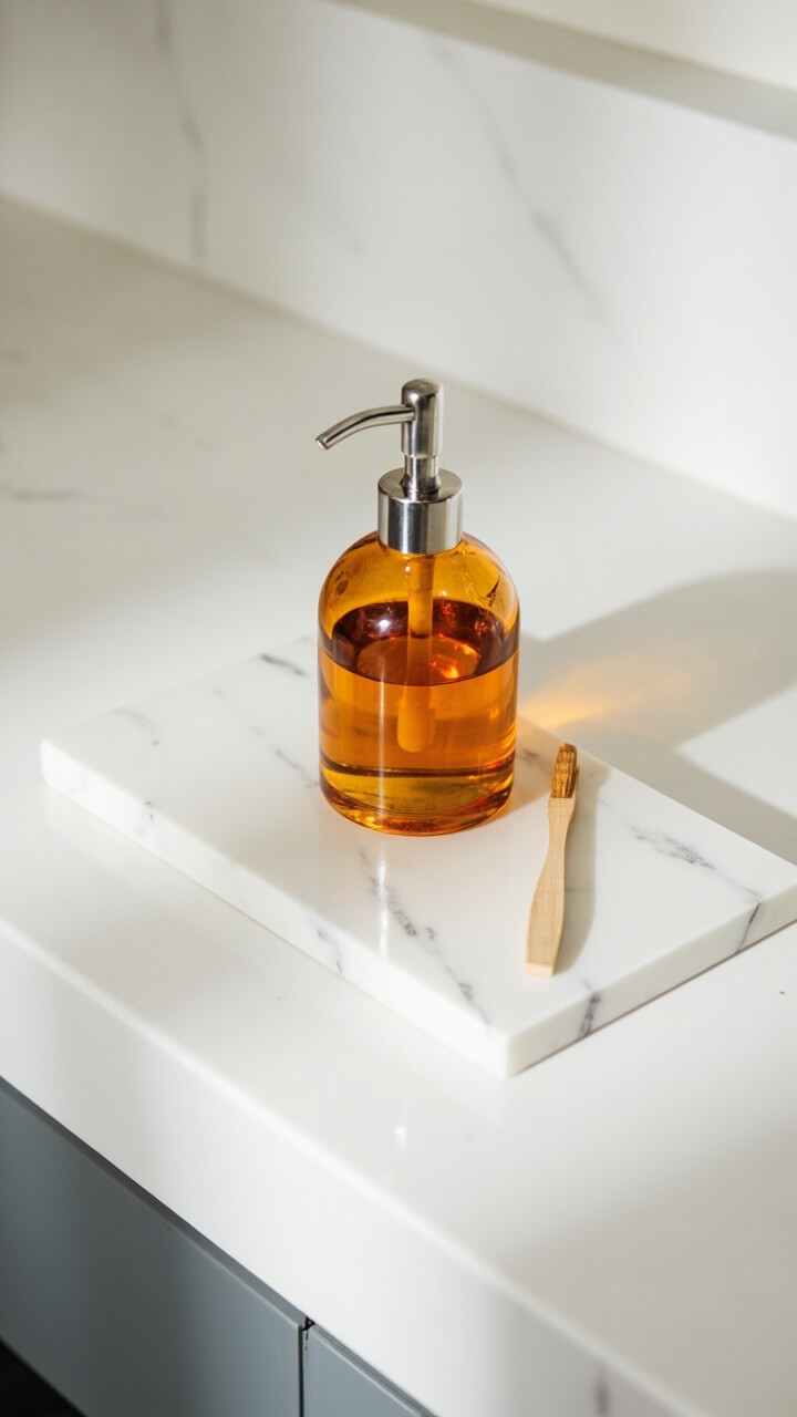 A rectangular white marble tray rests at the corner of a smooth white vanity top, holding only a glass amber soap dispenser and one natural wood toothbrush.
