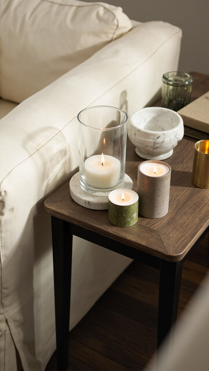 A cream slipcovered sofa is paired with a short black oak sofa table. Four candles—one in a clear hurricane, another in a small marble bowl, a tall lantern-style glass, and a squat gold votive—are clustered near one end of the table. A single linen-bound journal is stacked on the other side.