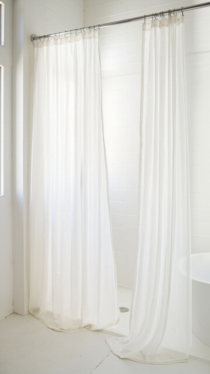 A shower alcove framed by a thick, soft white cotton curtain with a slightly weighted hem. The curtain hangs from a stainless steel rod, skimming the floor. The rest of the bath is pared back and bright.