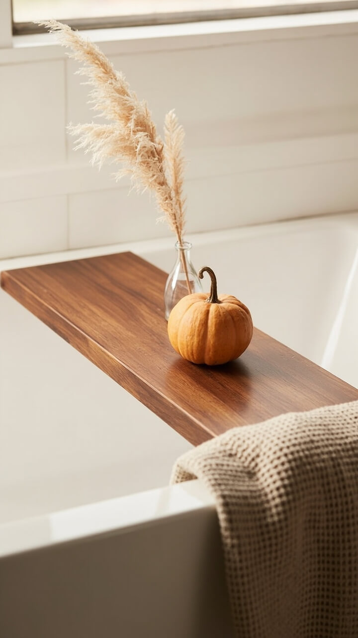 A warm walnut bath tray spans across a classic white tub. On it: one small matte orange pumpkin, a clear glass stem vase with a single dried pampas grass stem, and an open cotton waffle washcloth.