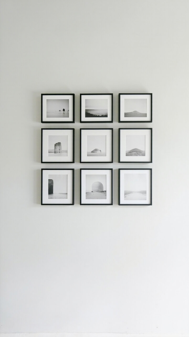 Nine thin black square frames arranged in a perfect grid on a light gray wall. Each frame displays a different minimalist black-and-white photo. Beneath, nothing interrupts the clean arrangement.