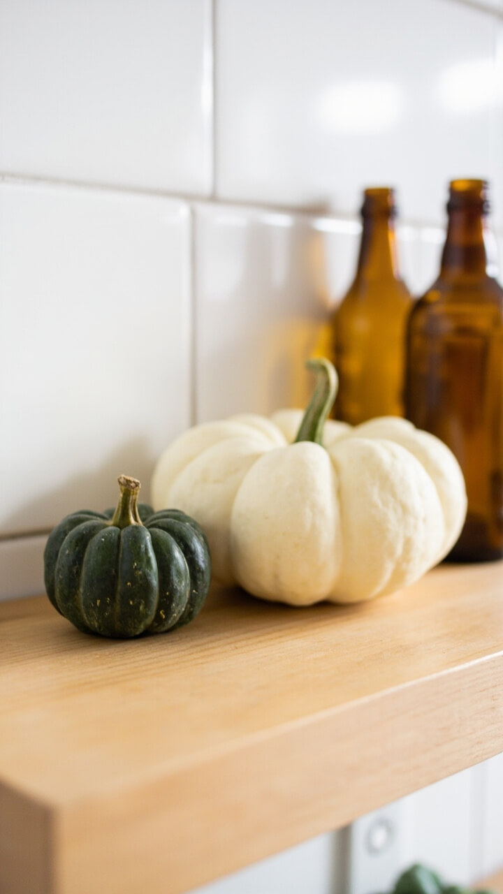 Light oak floating shelf with two small pumpkins (one deep green, one off-white) set beside two vintage amber glass bottles. Shelf mounted above a white subway tile wall.