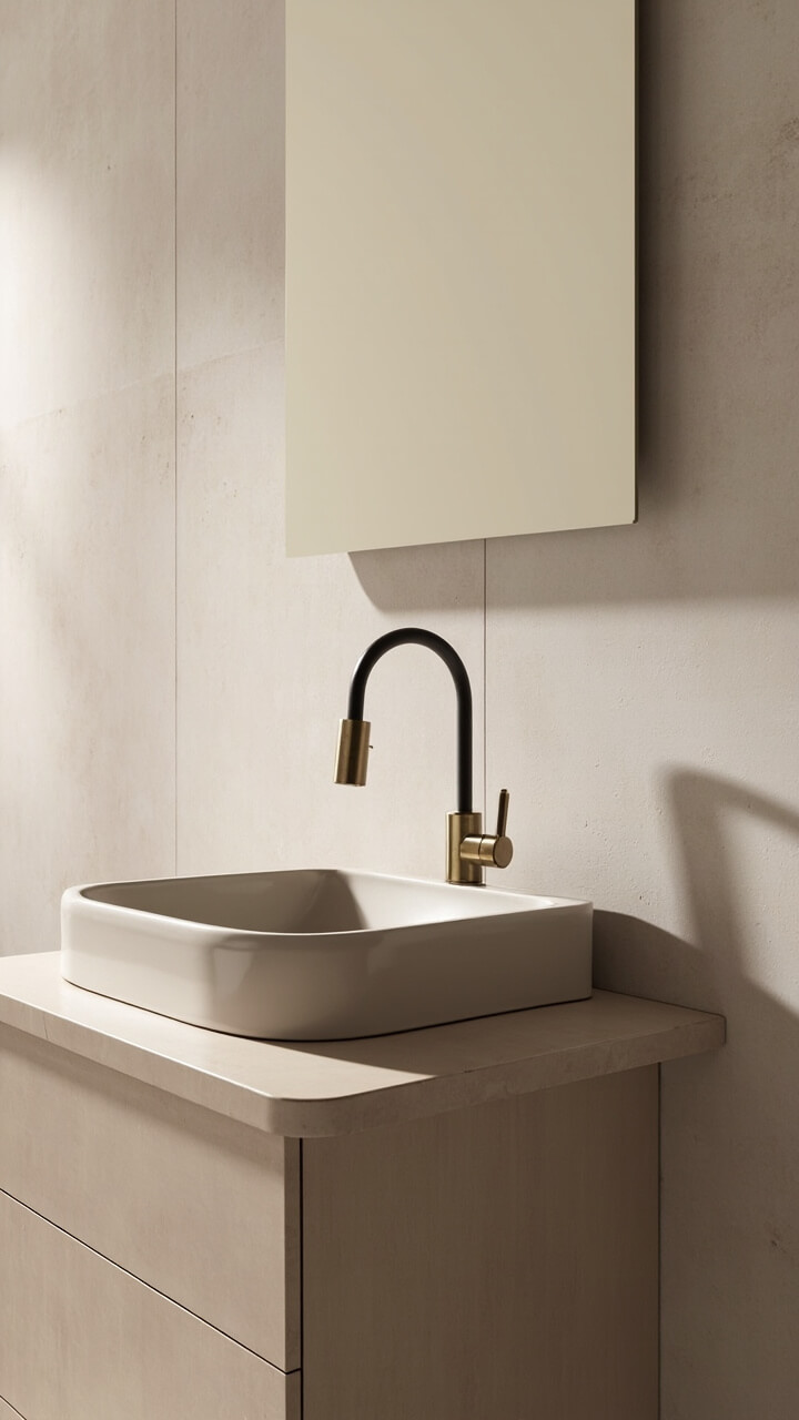 Handleless warm greige wood vanity, pale taupe quartz countertop and sink, brushed bronze faucet, matte cream rectangle mirror, light mushroom wall tile.