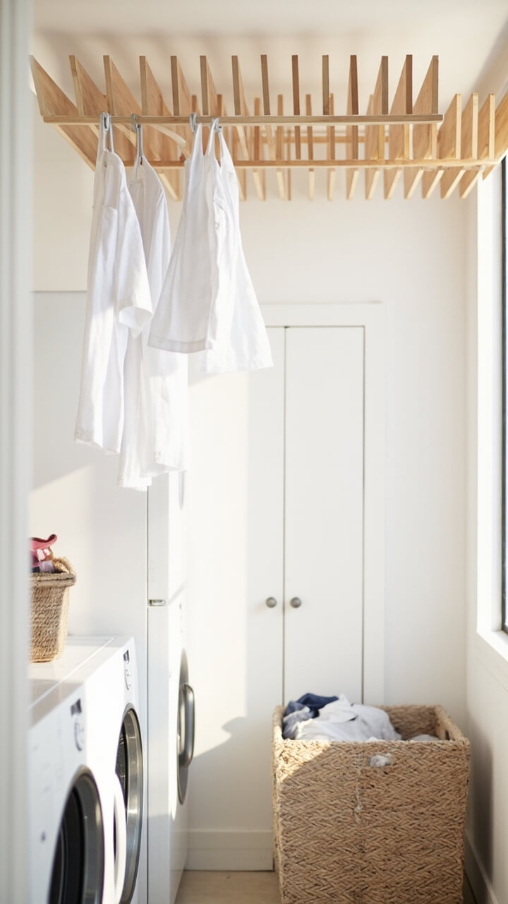A light wood accordion-style drying rack folded down from a white wall above a set of machines. Only a few white cotton T-shirts hang from the slats. Underneath the rack sits a woven rectangular laundry bin.