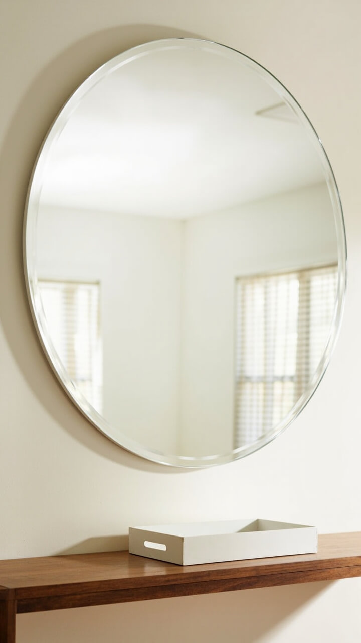 A large, frameless round mirror is centered above a narrow walnut entry console. The wall is pale eggshell, and the only other decor is a single white ceramic tray on the console.