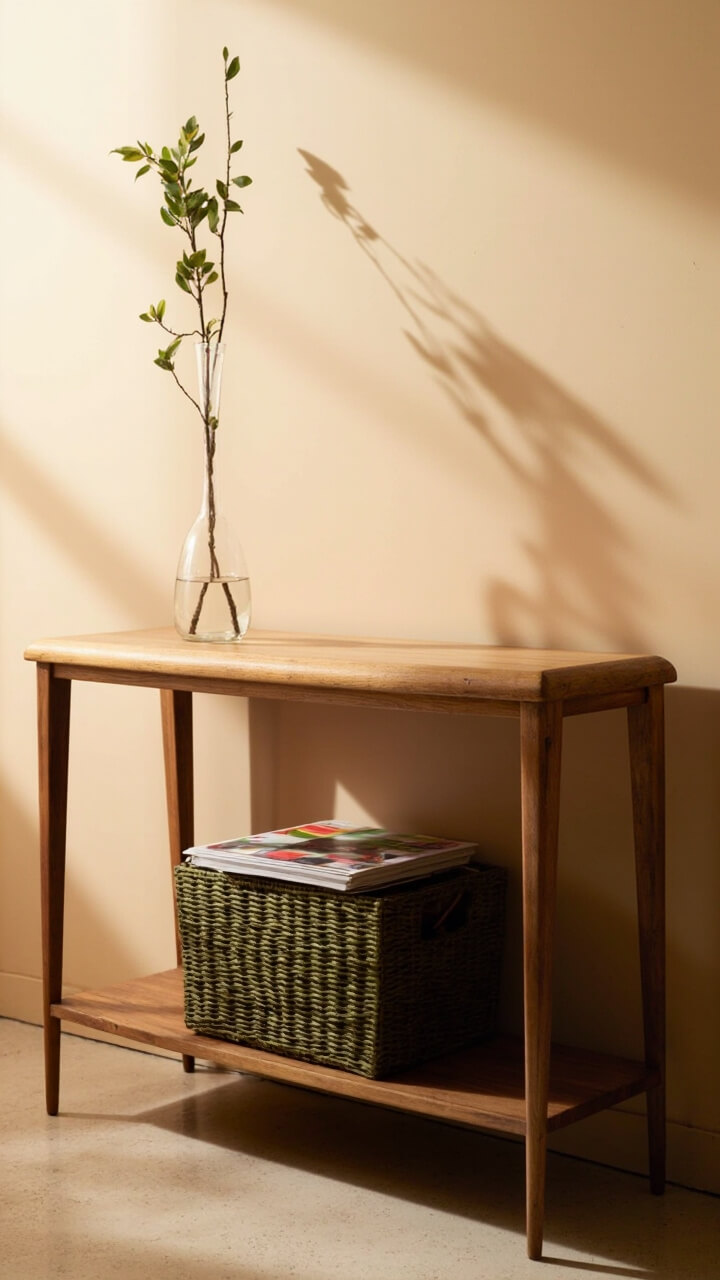 A narrow teak console table, one open lower shelf holding a moss green storage basket, and a stack of art magazines. Top has a single clear glass stem vase with a single branch.