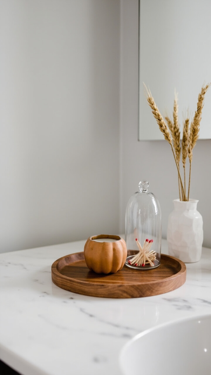 A round acacia tray sits on a marble vanity corner. A ceramic pumpkin candle is centered on the tray. A tiny clear match cloche and a short bundle of dried wheat in a white bud vase sit beside the candle. Pale gray walls and a simple mirror frame the background.