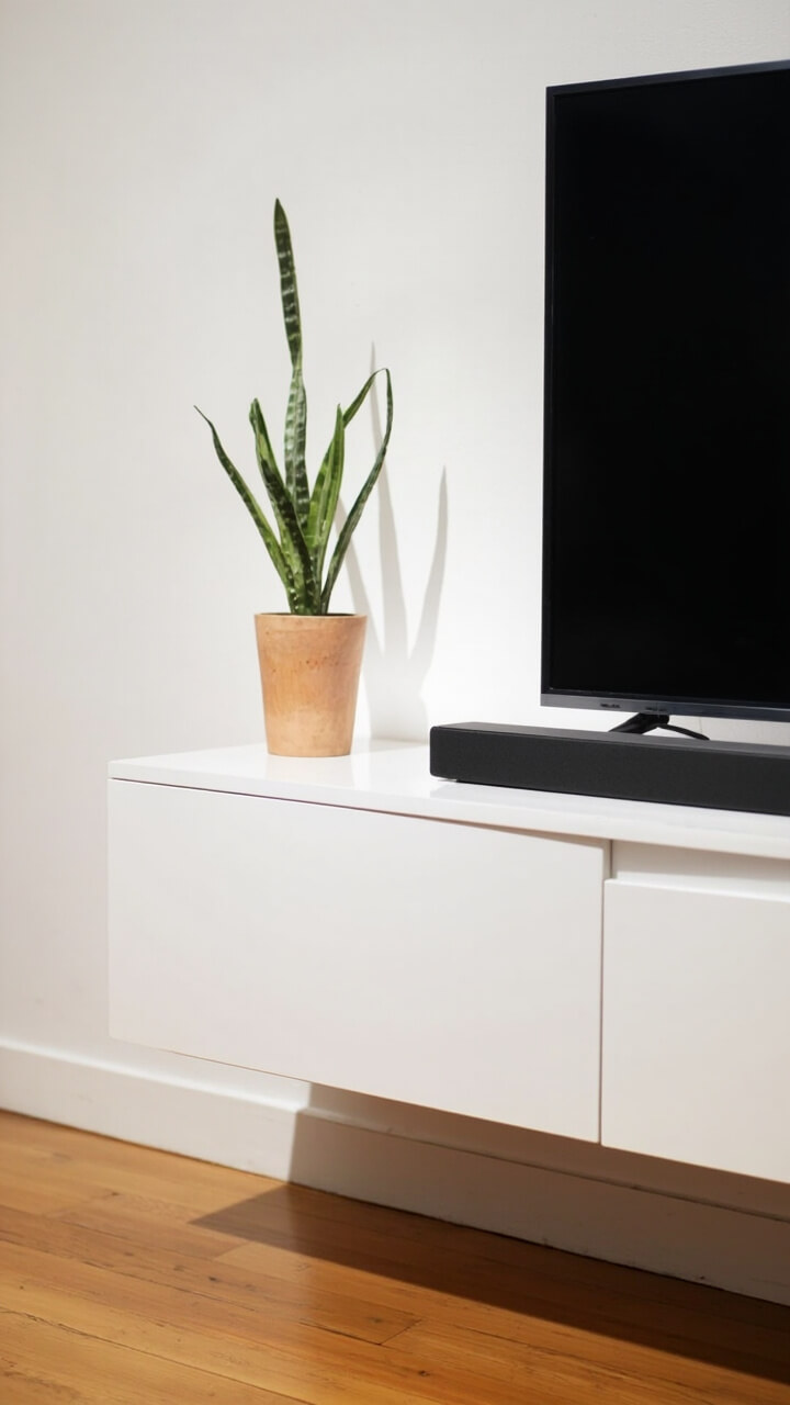 A matte white, handleless TV console floats seamlessly along a white wall, hovering a few inches above the floor. On top sits a flat black soundbar and a single potted snake plant in a natural clay pot.