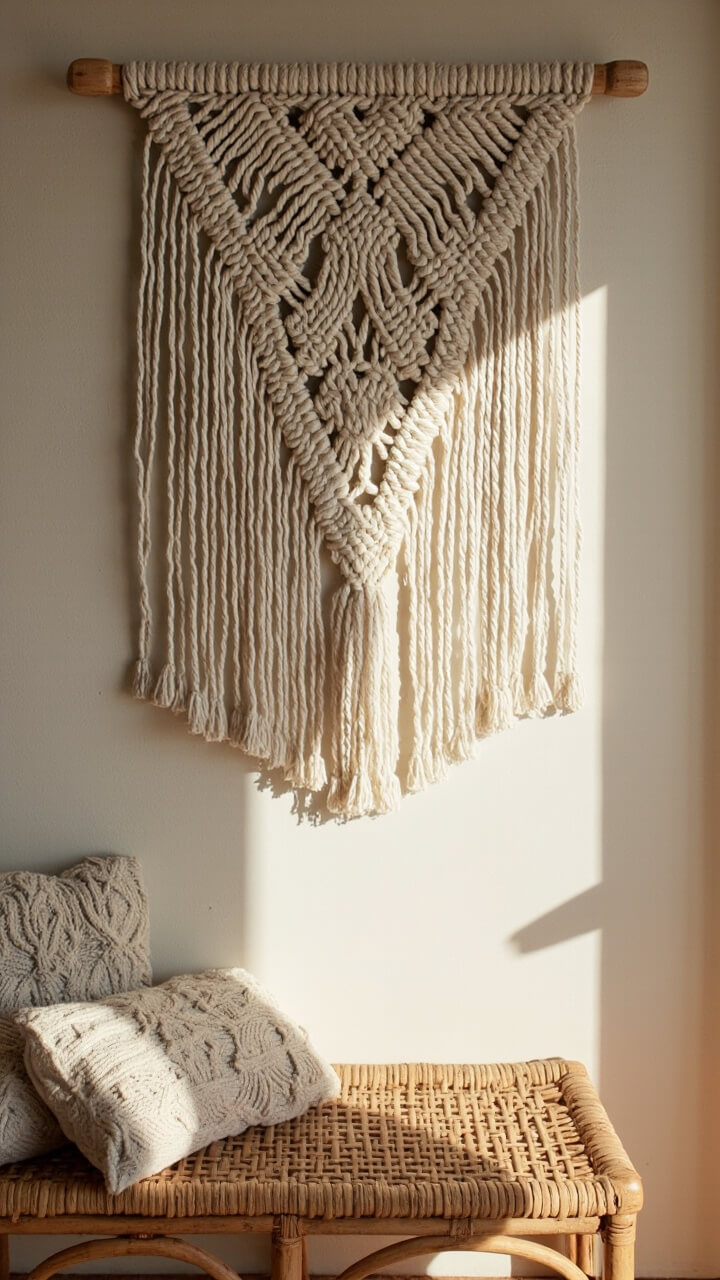 A chunky cream macramé wall hanging spans the upper half of a matte taupe wall. Beneath, a woven rattan bench holds two oatmeal knit pillows. The scene is simple—light-colored woods and fabrics frame the soft-textured textile.