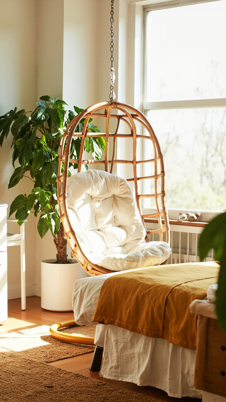 A rattan hanging chair with a cream cushion is suspended in the corner by a sunny window, next to a white twin bed dressed in mustard yellow sheets. A jute rug covers the wood floor, and a large leafy houseplant sits beside the chair.