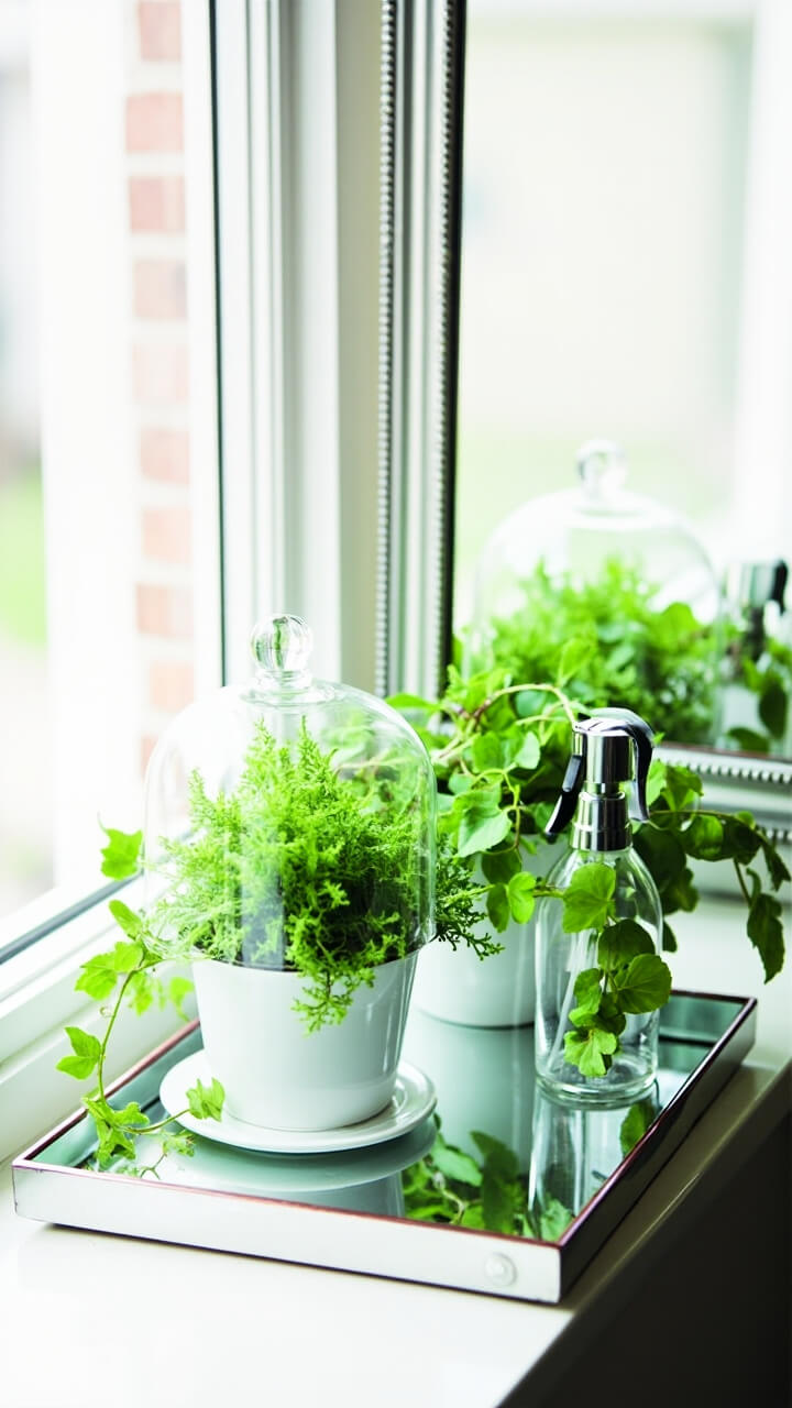 A rectangular mirror tray sits on a white windowsill. On the tray: a tiny glass cloche over a mini fern, one trailing ivy in a white ceramic pot, and a glass spray mister. A vertical silver-edged wall mirror hangs beside the window, catching light.