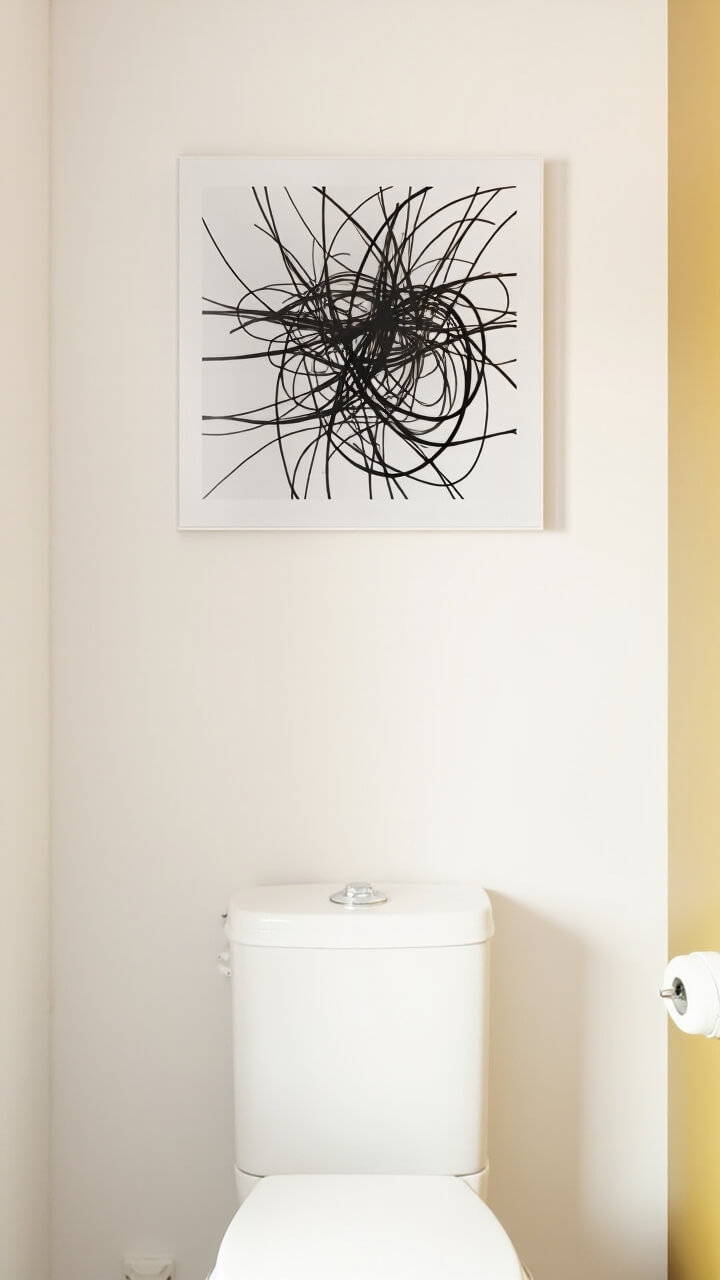 A warm white wall above the toilet features one large, thin-framed black-and-white art print depicting abstract lines. Nothing else decorates this wall.