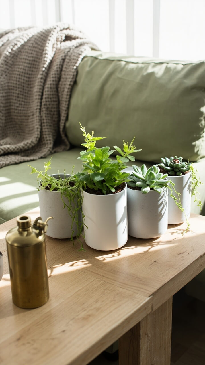 A soft sage green sofa with a waffle knit taupe throw faces a chunky white oak sofa table. Across the table, four small potted plants in mixed white and gray ceramics catch indirect window light. There are trailing vines, a spiky succulent, and a robust snake plant baby. A slim brass misting can sits at one end for charm and utility.
