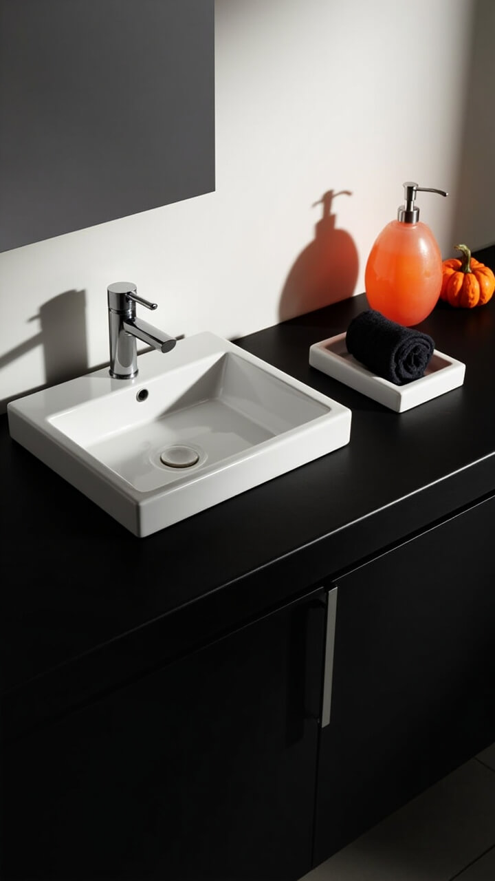 A matte black vanity with a rectangular porcelain sink sits under a simple wall mirror. Perched beside the sink is a glass soap dispenser shaped like a pumpkin in frosted orange. Next to it: a rolled black hand towel sits on a small white tray, and a miniature faux orange gourd softens the scene.