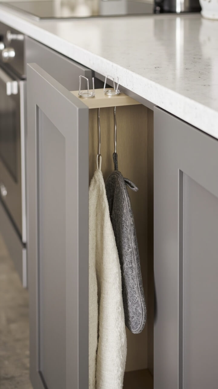 Opening a matte taupe cabinet door reveals slim round clear acrylic hooks mounted inside, holding one cream linen kitchen towel and a single grey-textured oven mitt. The kitchen itself is clean, with quartz counters and integrated appliances visible in the open.
