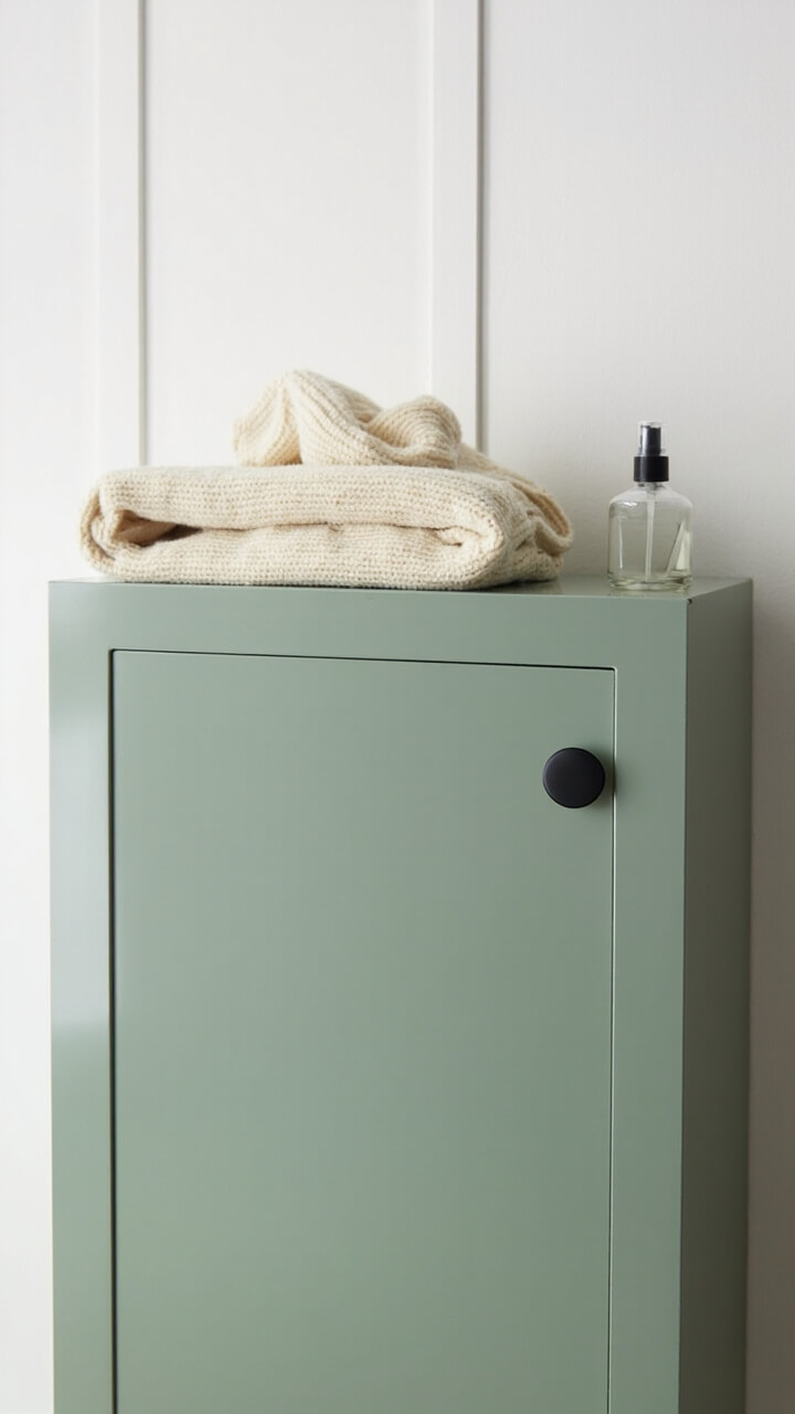 A single freestanding cabinet in matte sage green with two matte black knob handles sits against a white wall. On top, there’s a folded cream knitted blanket and a clear glass spray bottle.