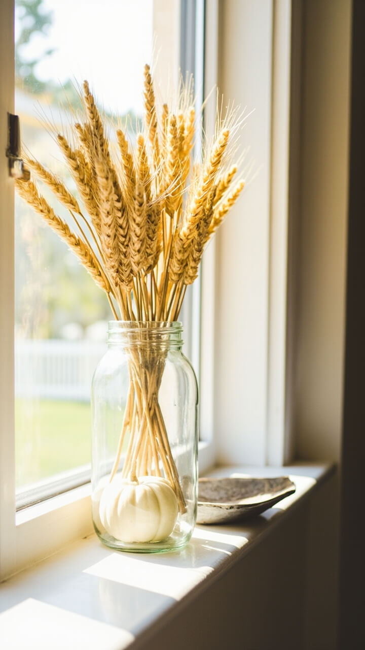 A tall quart-sized clear mason jar stands on a simple white windowsill. Inside: a bunch of golden dried wheat stems. At the jar’s base sits a single small white pumpkin, only partially inside the jar. Next to it, a galvanized metal soap dish.