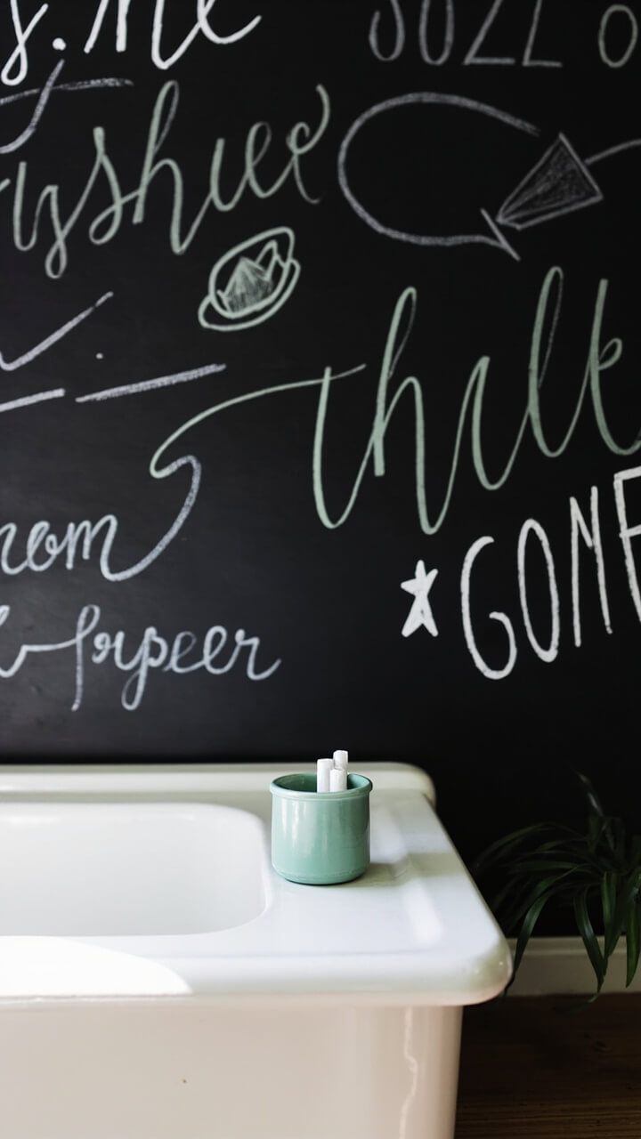 A matte black chalkboard accent wall with chalk white and sage green writing above a white utility sink. Nearby sits a small mint green enamel holder with two white chalk sticks.