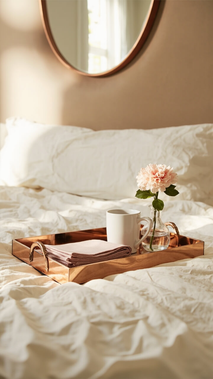 A broad rectangular mirror tray with rose gold sides sits atop a rumpled cream quilt on a bed. On the tray: a folded blush linen napkin, a white stoneware coffee mug, and a single-stemmed pink carnation in a clear bud vase. An oversized round rose gold-framed mirror hangs behind the headboard, reflecting morning light.