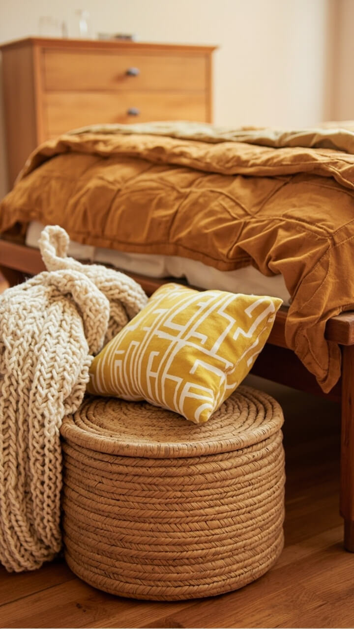 At the foot of a low-profile bed, two round lidded seagrass baskets sit side by side. There’s a chunky knit throw spilling out of one basket, while a patterned yellow pillow rests on top of the other. The bed has a quilted ochre coverlet. There’s a wood dresser in the background.