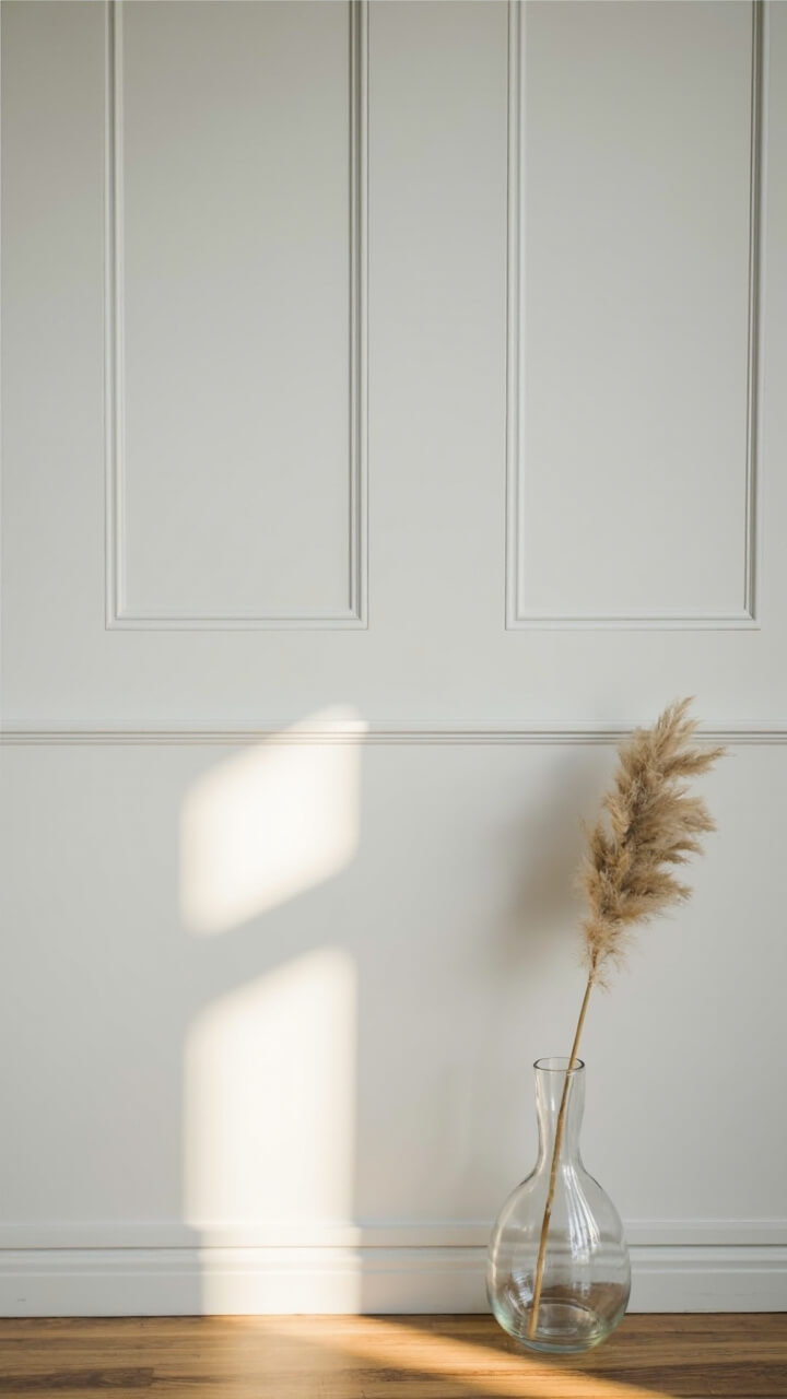 A soft dove gray wall features three thin, rectangular wall moldings painted the exact same color as the wall. A single slender glass vase with a dried pampas stem sits on the floor nearby.