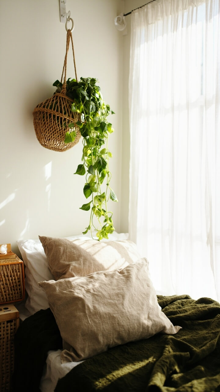 A corner of the bedroom with a white ceiling hook holds a trailing pothos in a woven basket. Nearby, the bed features a deep green throw, a tan linen pillow, and is flanked by a simple white curtain. The nightstand is a boxy rattan cube.