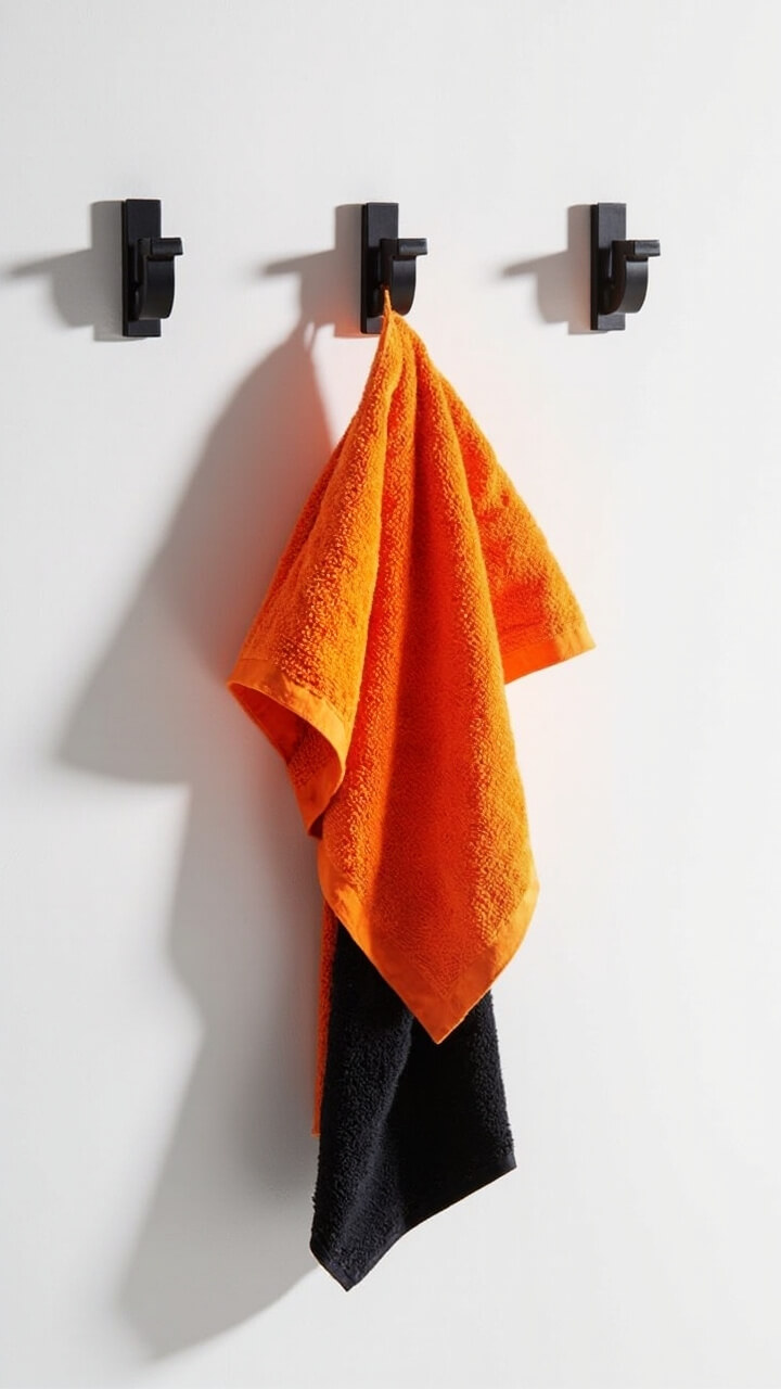 On a white wall, three matte black hooks hold a folded oversized orange bath towel, a coordinating orange hand towel, and one simple black washcloth. The area below is left open, highlighting the color contrast.