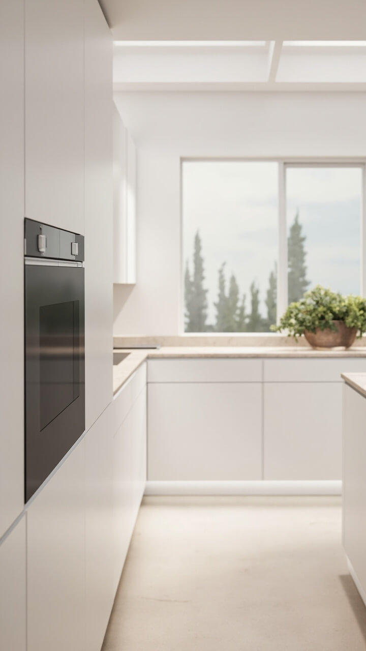 Flat white kitchen cabinets with routed-in finger pulls line the wall—all handles are invisible from a distance. The counters are pale taupe quartz. Only a single built-in oven with a black glass front breaks the line.