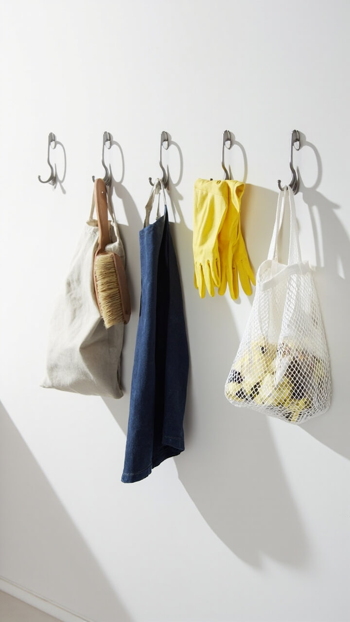 A row of five matte nickel utility hooks on a snow-white wall, each holding a different lightweight item: a canvas laundry bag, a soft bristle wooden brush, a folded navy apron, a pair of yellow rubber gloves, and a white mesh tote bag.