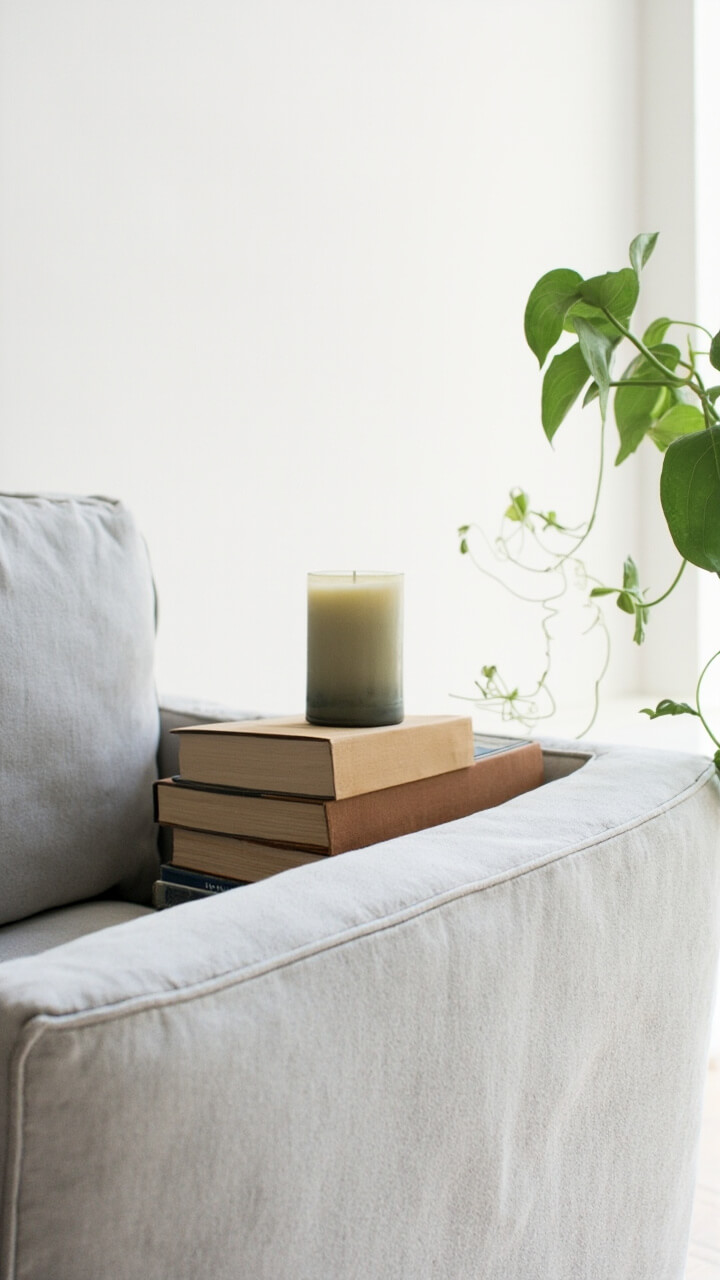 A light gray linen sofa anchors the setting against a soft white wall. Behind it, a medium-toned wood sofa table holds a chunky ceramic lamp with a muted cream shade. Two hardcover coffee table books sit neatly in a stack, slightly off-center. A short pillar candle in a matte glass holder rests on top of the books. To the side, a small potted pothos plant trails gently toward the corner.