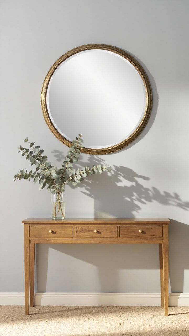 A round, 36-inch antique brass-framed mirror hangs on a pale gray wall. Below, a narrow oak console table displays a small glass vase with eucalyptus stems. Pale jute rug and quiet backdrop keep the mirror as the focal point.